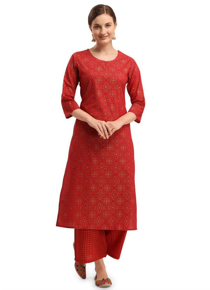 Red Latest Fancy Designer Ethnic Regular Wear Cotton Printed Kurti And Palzzo Collection 118